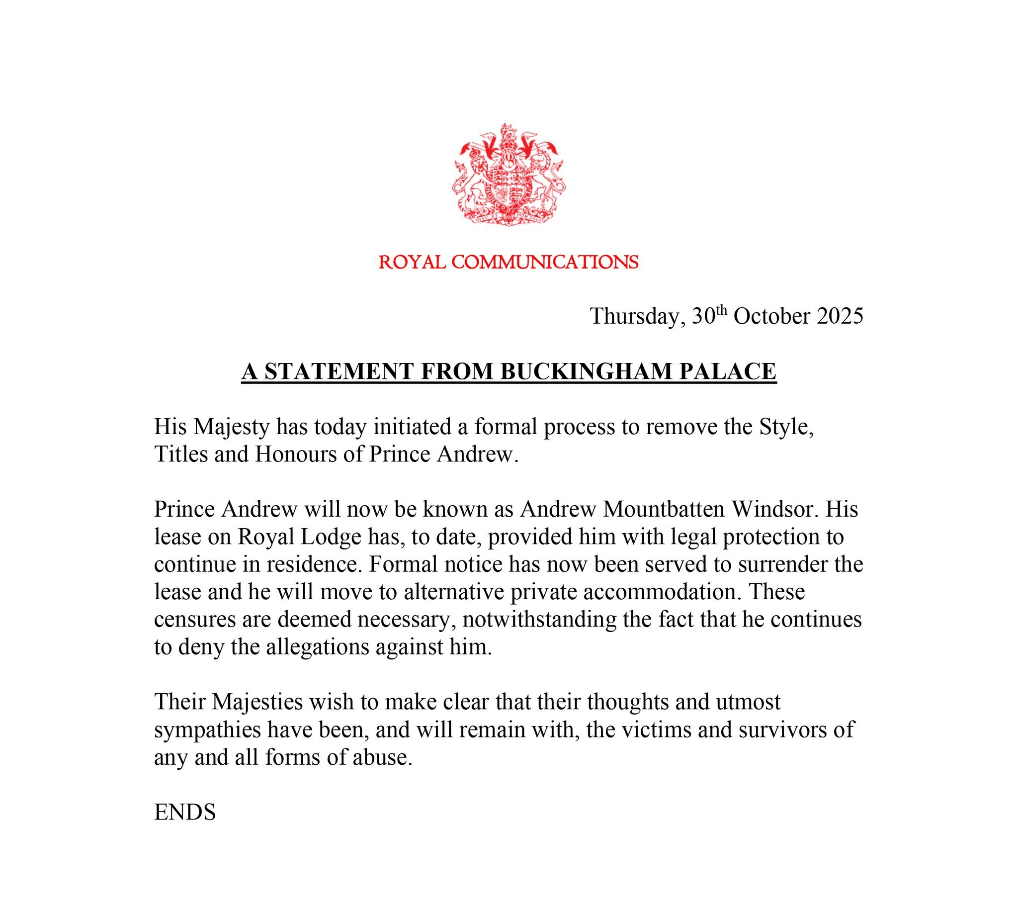 最新📄:10月30日,白金汉宫发布最新官方声明,因丑闻事件不断升级,查尔斯国王
