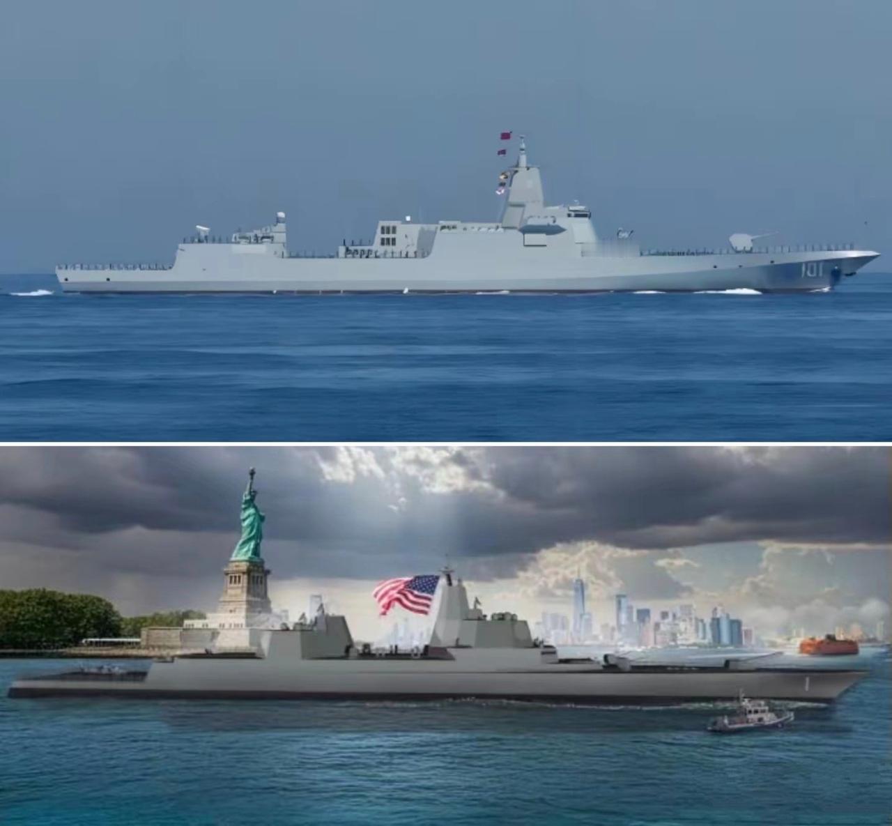 中国055型万吨大驱VS美国“特朗普”级战列舰! 论PPT能力，老美确