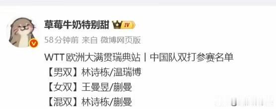 动漫组和再次启用，温瑞博和袁励岑给拆了！欧洲大满贯，王楚钦不参赛，莎莎专注单打