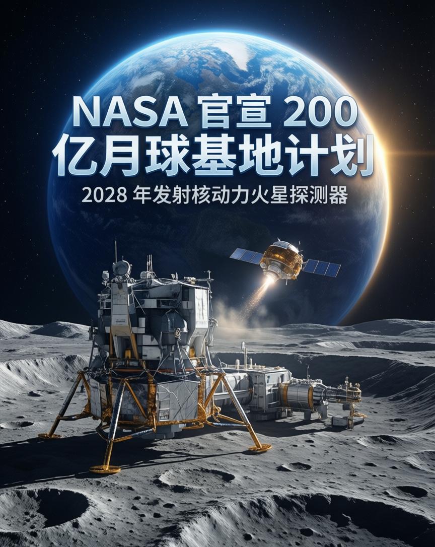 炸场！NASA官宣200亿月球基地计划，2028年要发射核动力火星探测器人类