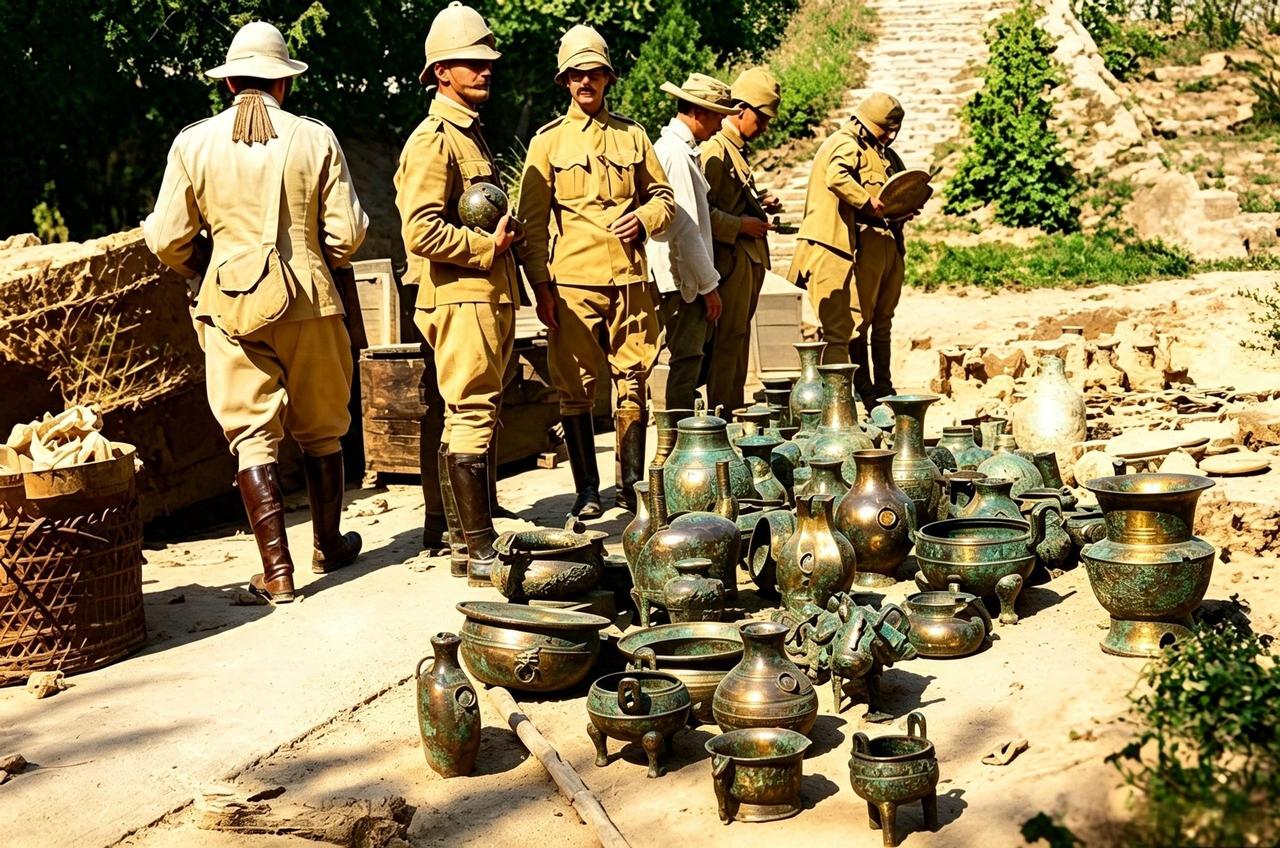 这是八国联军士兵对从颐和园仁寿殿中掠夺的珍贵文物进行登记后公开拍卖。由于颐和园仁