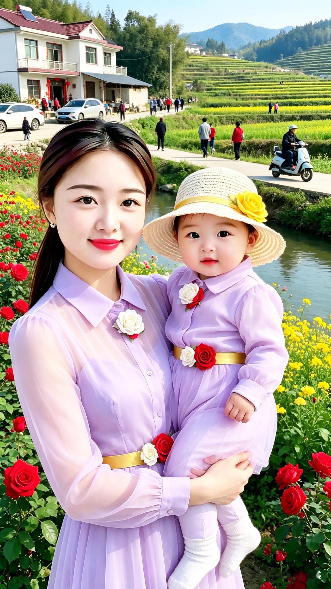 妈妈和宝宝在花丛中合影。