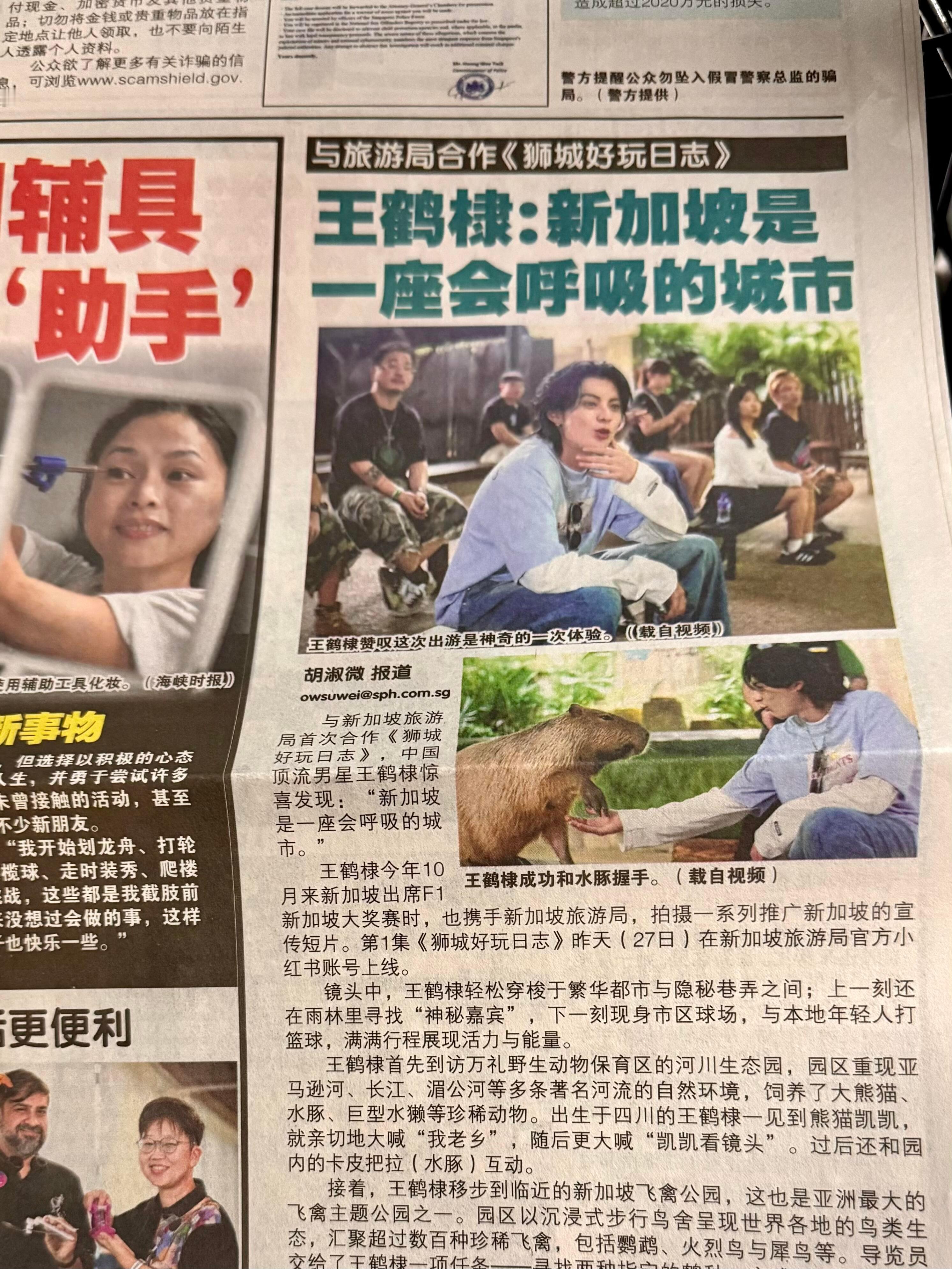 王鹤棣新加坡报纸报道