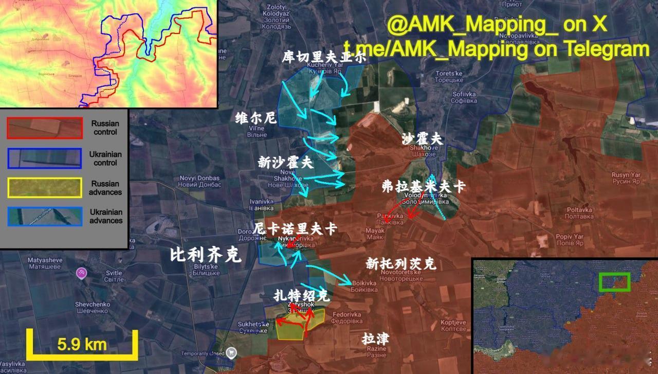 在多布罗皮利亚方向，俄罗斯和乌克兰军队都在推进，乌克兰军队在前库切里夫亚尔突出部