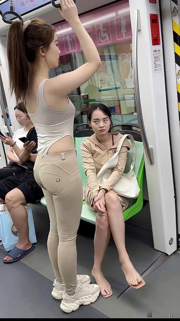 地铁实拍：座位上的女子一脸嫌弃看着站立女生的穿搭，眼神里满满的不赞同。穿衣是个人