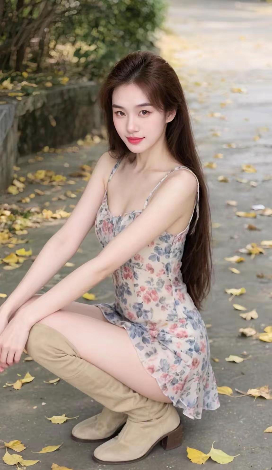 秋日暖阳下，花裙少女静坐，落叶纷飞，美如画卷。