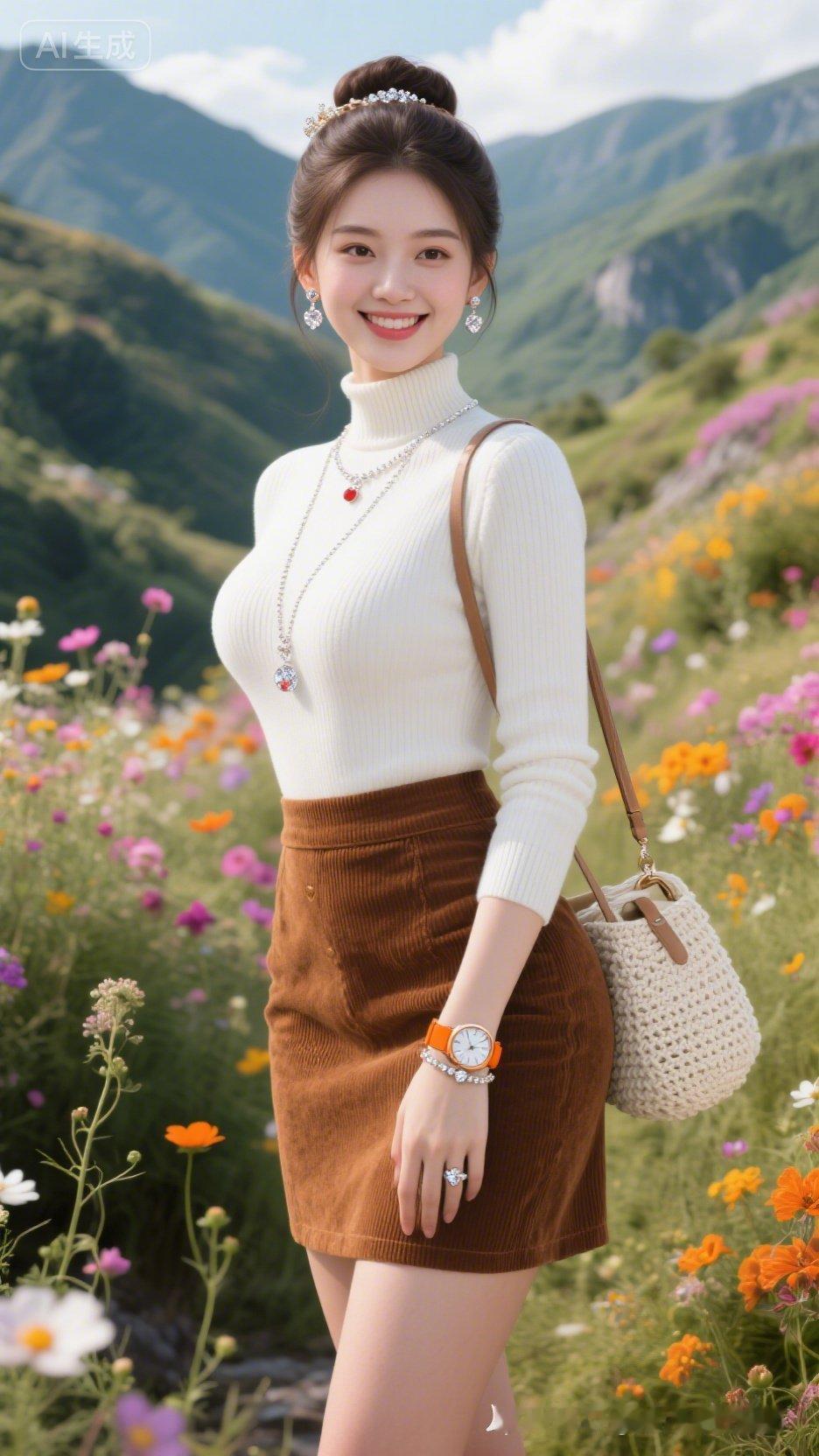 山野间的花海，与她优雅的微笑相映成趣。