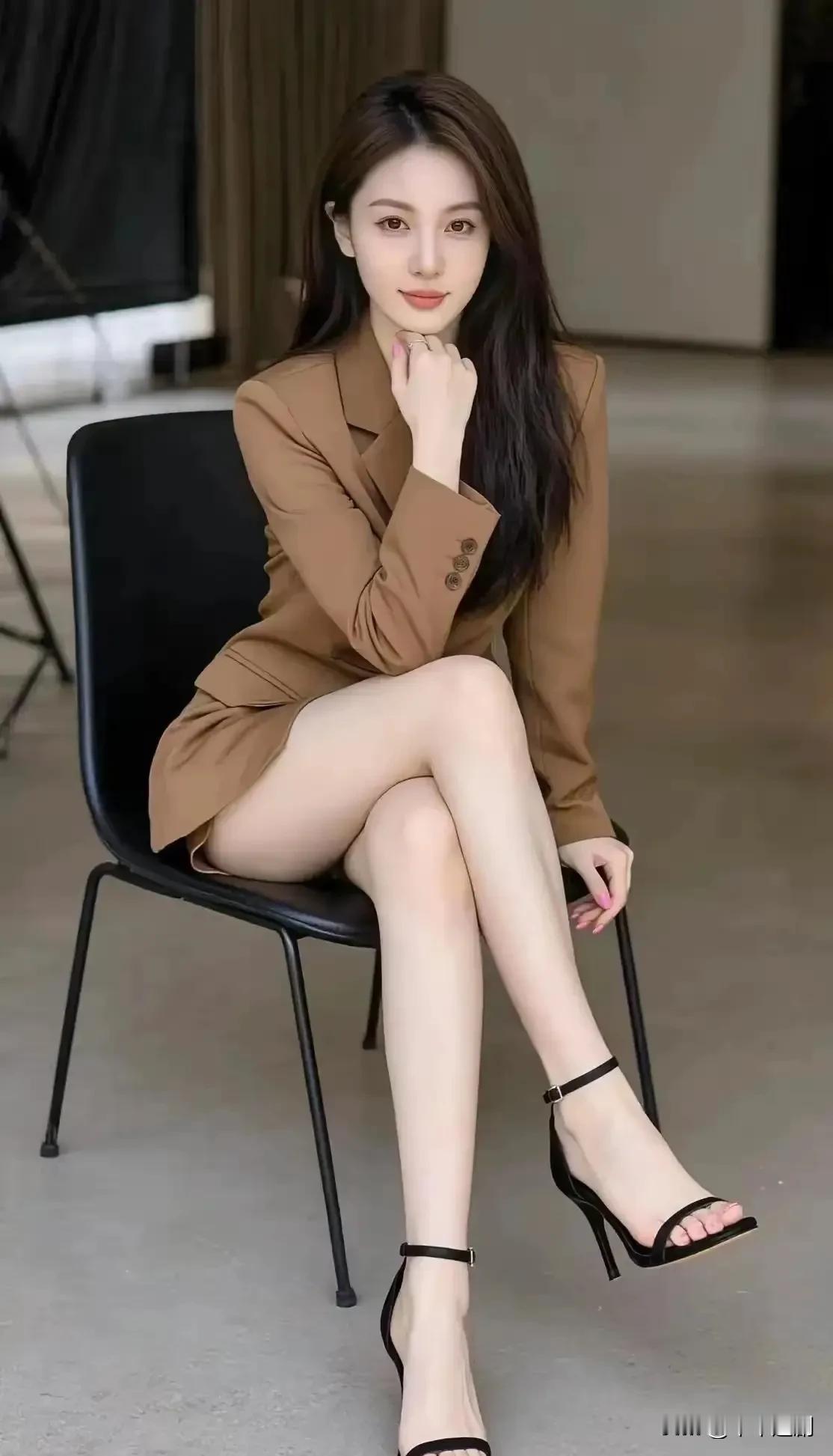 焦糖色西装裙勾勒出干练气场，黑高跟凉鞋添了冷艳细节，长发垂落的静坐，是职场女性的