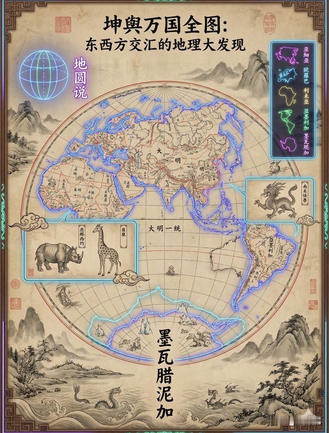 这张图是《坤舆万国全图》的现代演绎版本，该图是明代晚期由意大利传教士利玛窦和中国