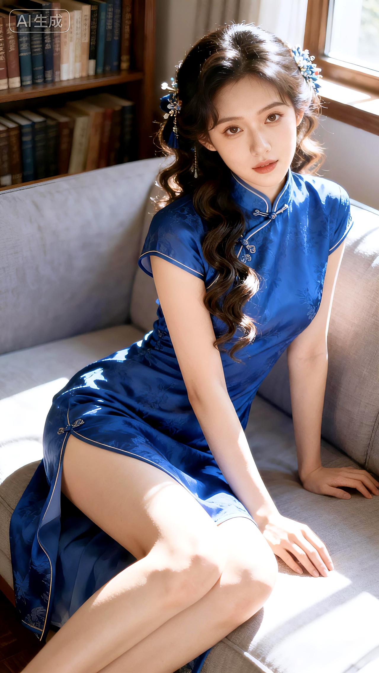 旗袍摇曳倚书轩，一缕书香绕指尖。豆包壁纸写真