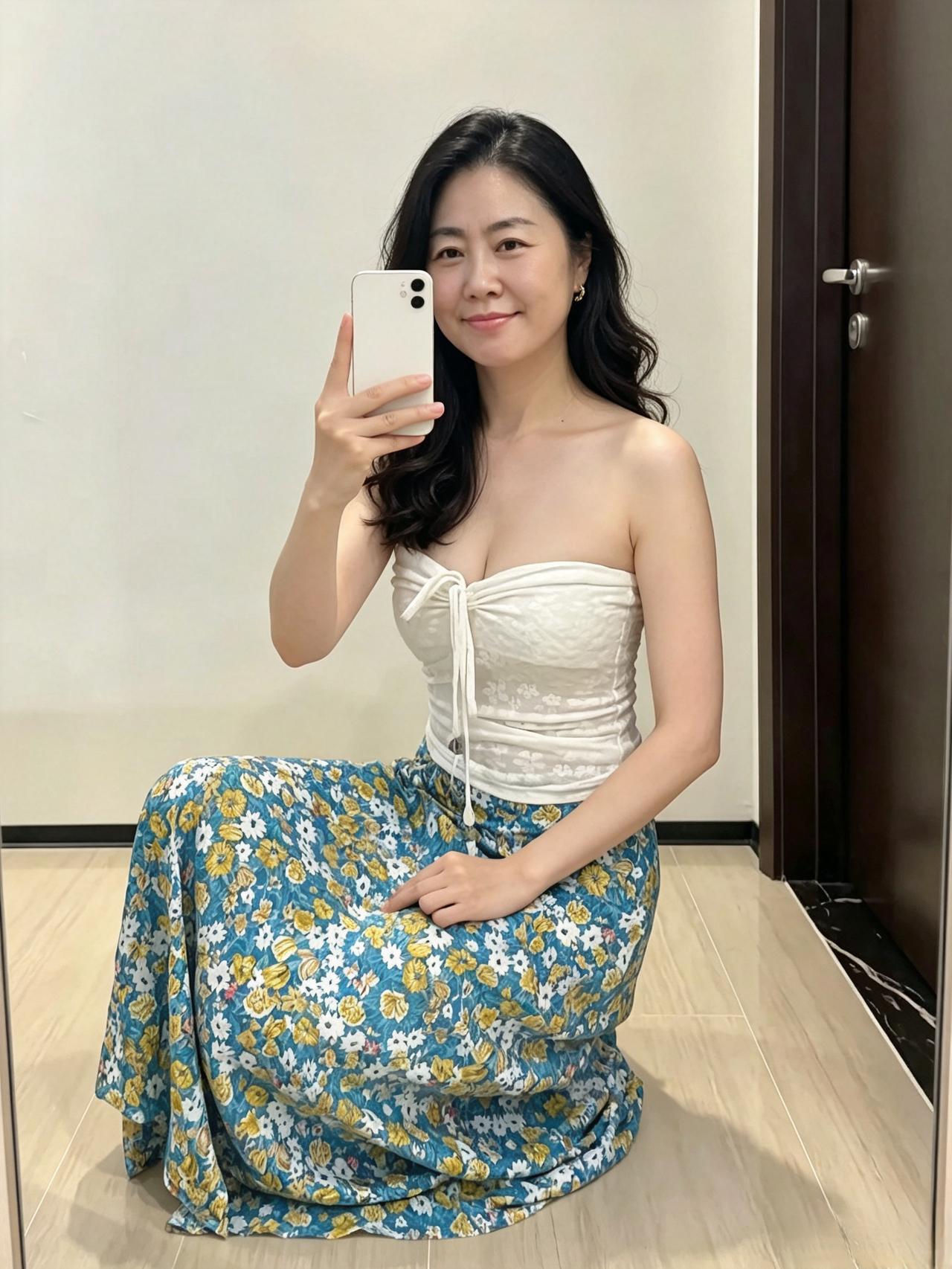 白抹衫衬碎花裙，蜷坐镜前拢鬓云。蓝底繁花铺雅韵，嫣然一笑醉晨昏。