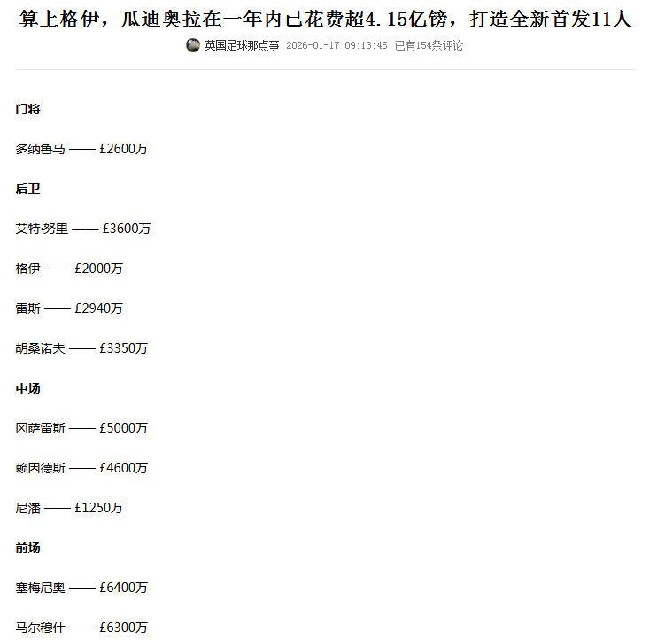 瓜迪奥拉最大争议花钱太多，这是他最近一年内的买人，不算工资高达4.15亿英镑。