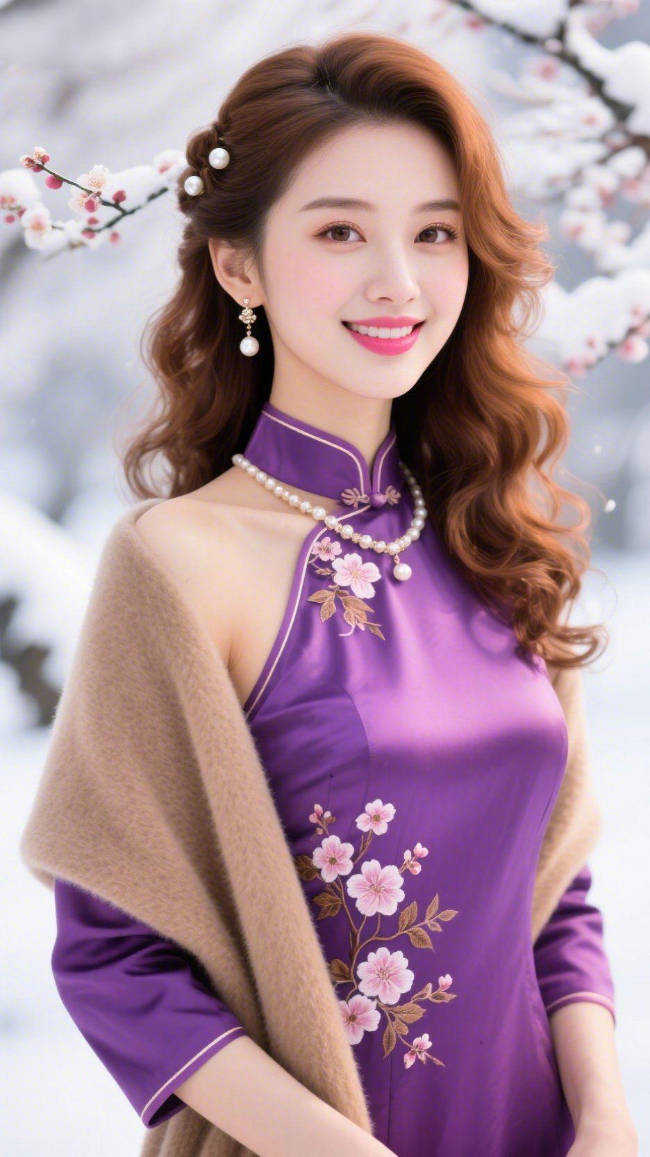 《雪梅间的紫衣雅意》雪裹梅枝时，她立在轻寒里，紫衣像晕开的暮色裹了层柔光，