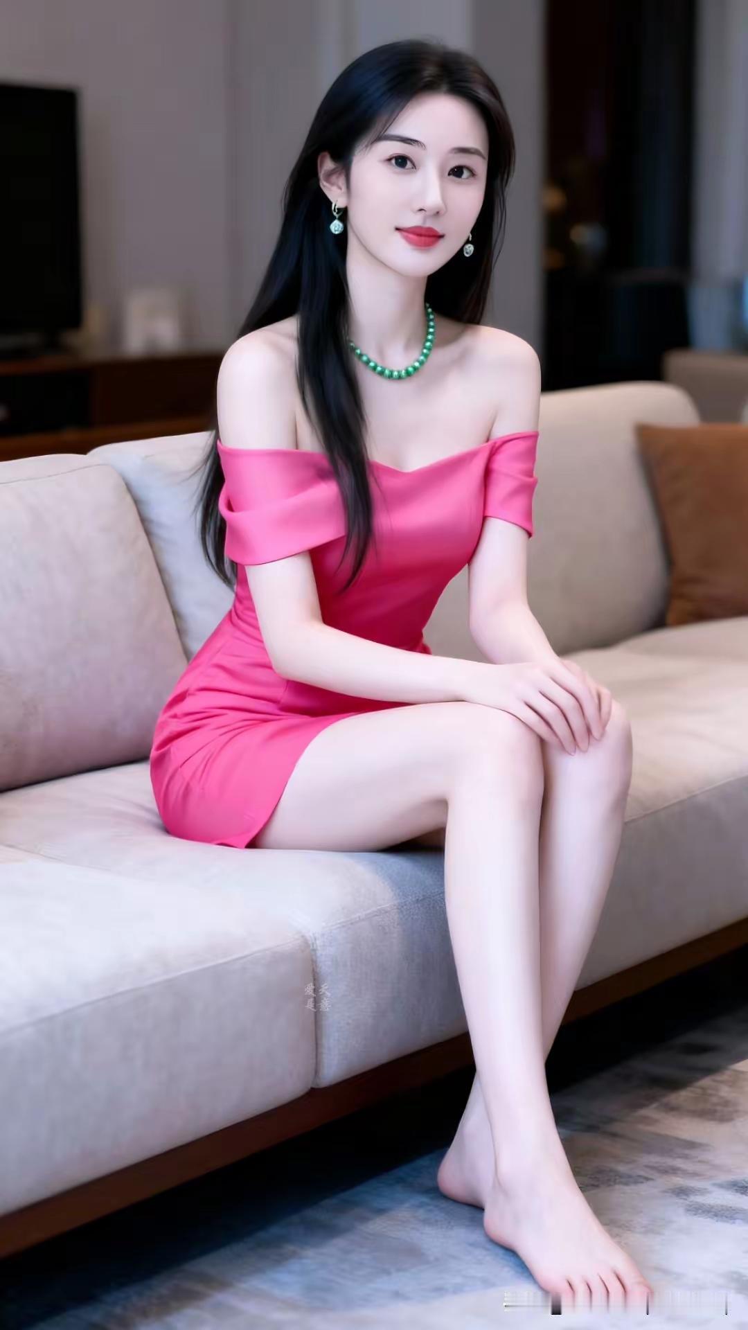 粉嫩连衣裙，优雅气质显，绿宝石耳环，闪耀动人美。