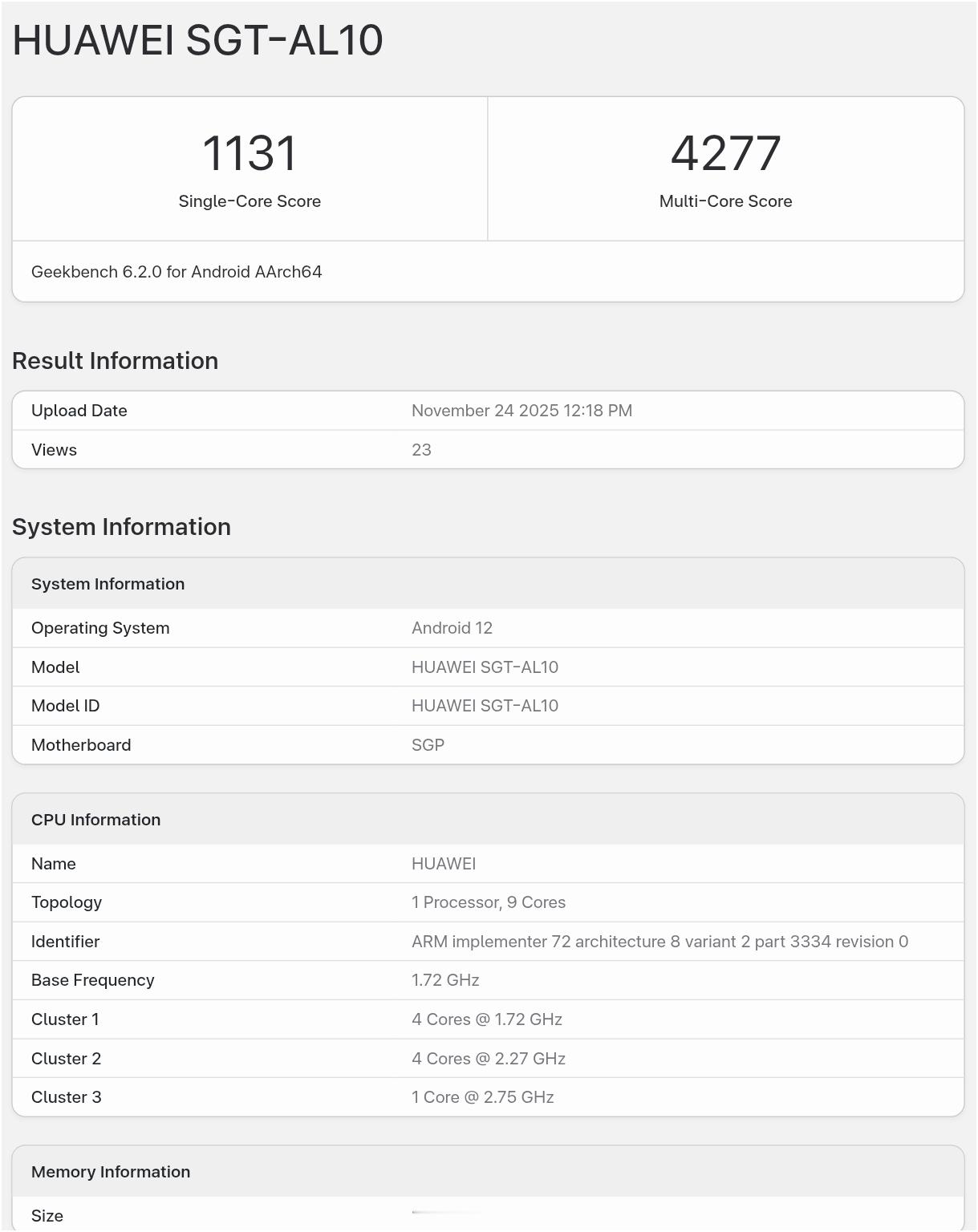 麒麟9030系列芯片首个跑分释出：1+4+4，1*2.75GHz+4*2.27G
