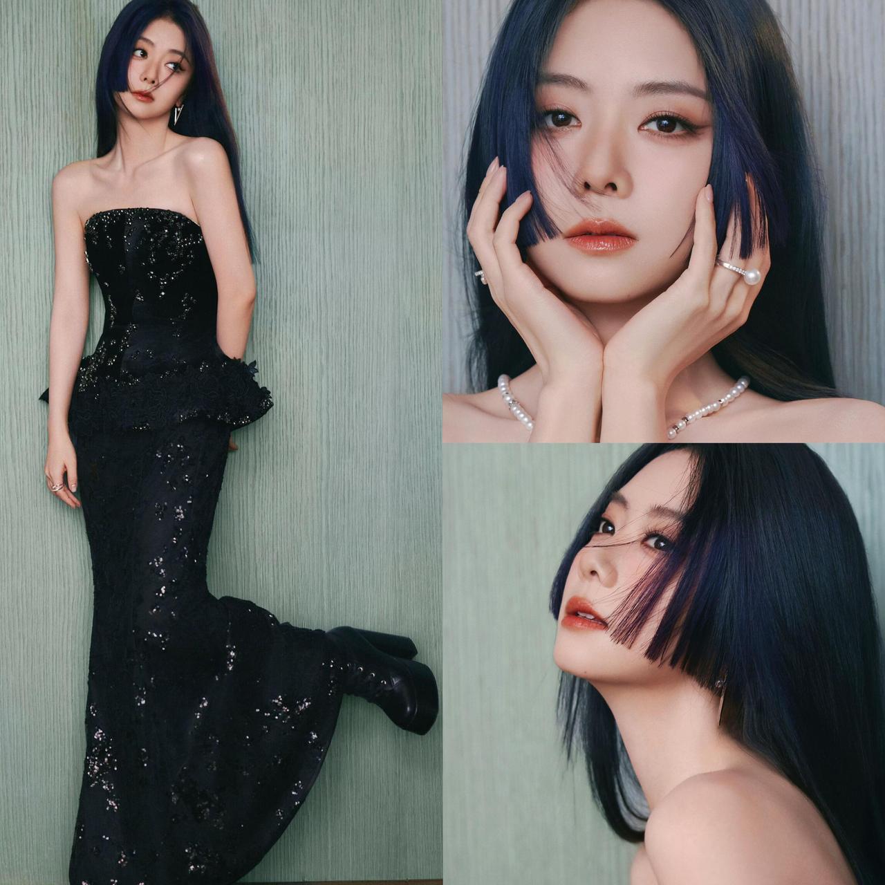 谭松韵暗黑甜酷风直接鲨出圈啦抹胸亮片裙一穿，优雅气质那是藏都藏不住，亮片在光