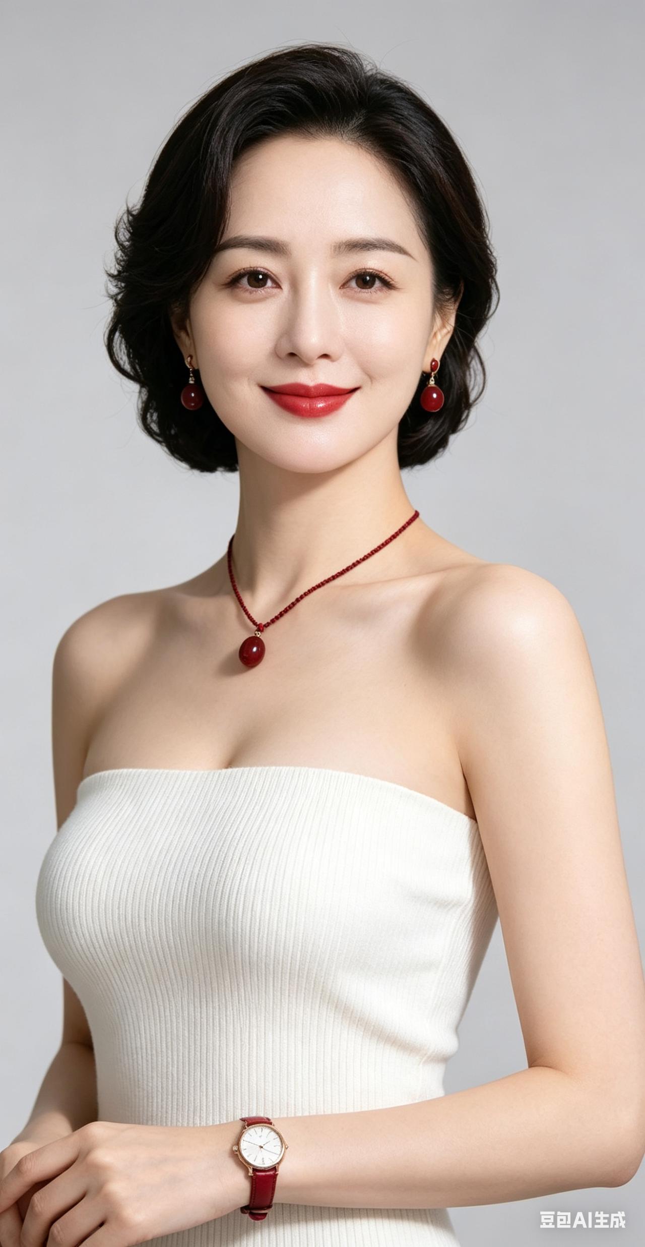 冷白皮绝色美人白竖纹抹胸针织衫，红玛瑙耳饰项链腕表撞色亮眼，淡妆红唇温婉浅笑，浅