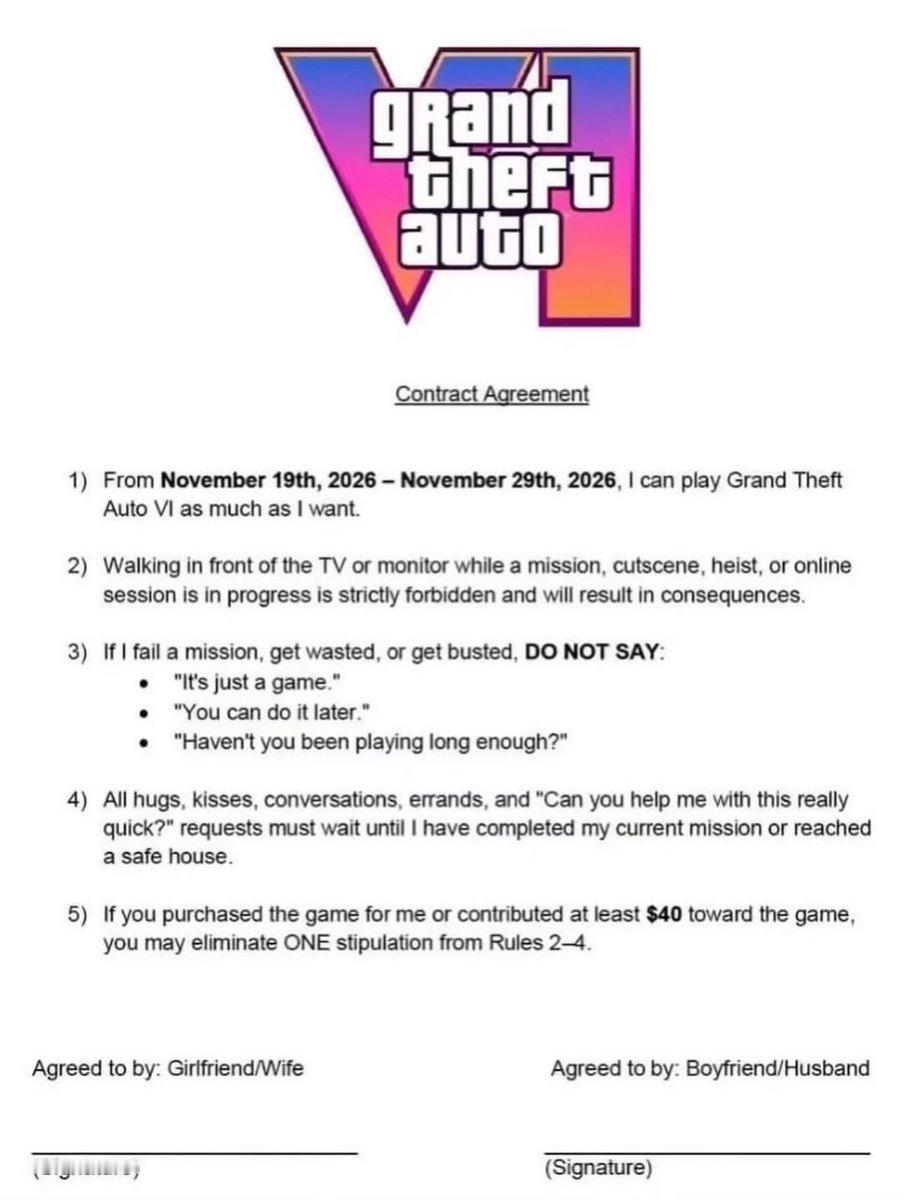 【玩家为《GTA6》和对象签“游戏协议”！】外网爆火一张玩家自制《GTA6》协
