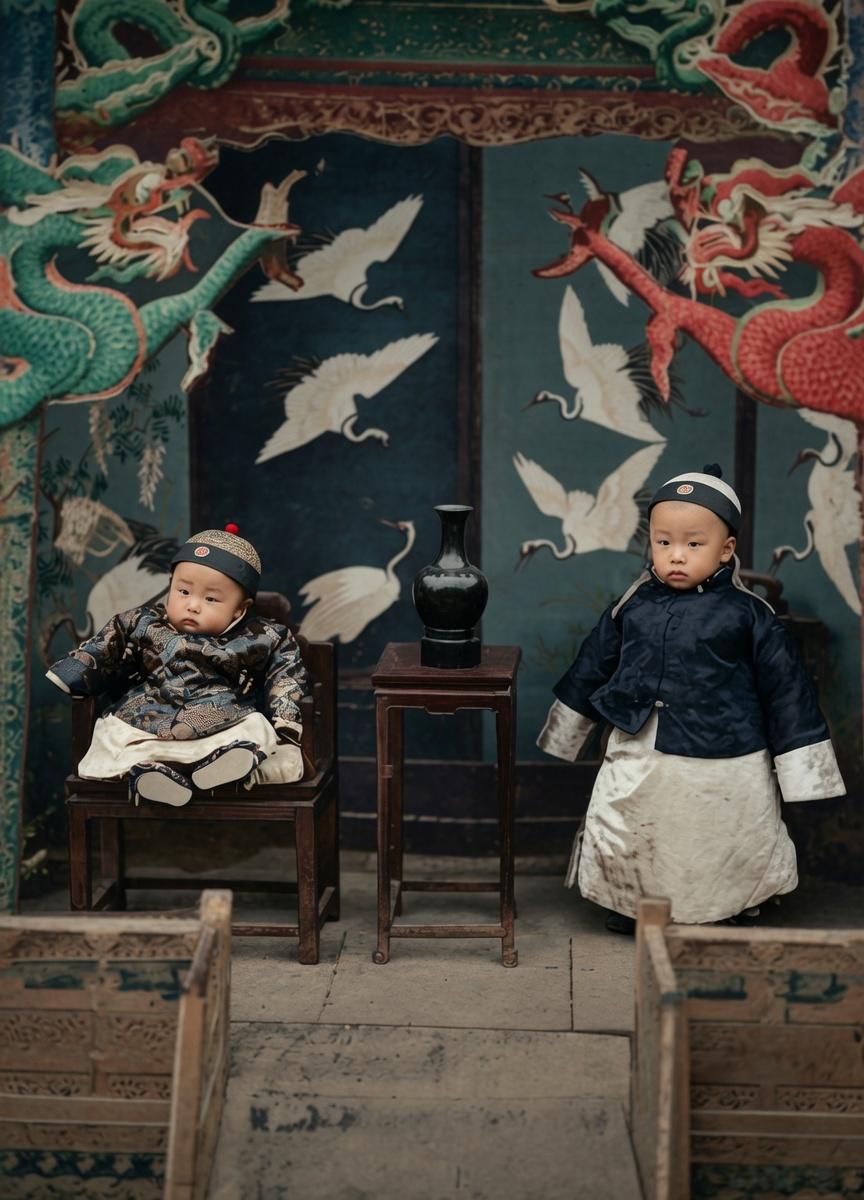 清末，幼年溥仪与胞弟溥杰的同框，龙鹤祥云的宫廷布景前，赫然写着“大清国宣统皇帝”