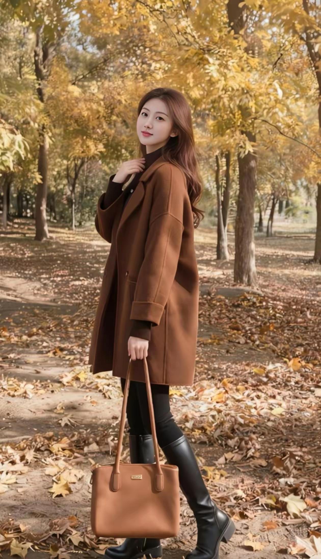 棕色大衣与落叶相映成趣，时尚与自然完美融合。