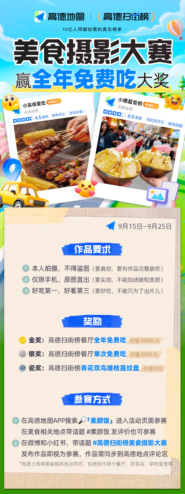 高德征集美食照片奖全年免费吃吃个饭拍几张照就有机会全年免费吃？？这种完美符合我