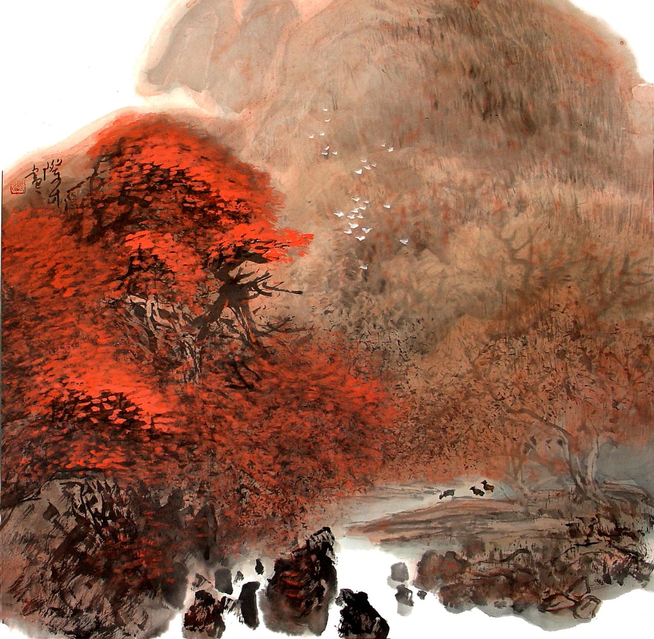 作品赏析：张际才《秋之精灵》。红画，也叫红色山水，是现代中国山水画一种特别的
