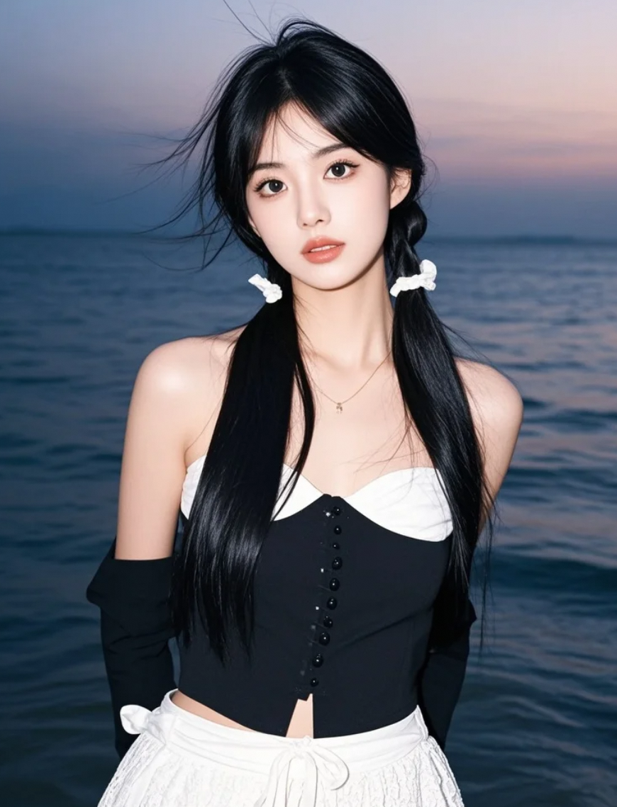 月光铺就银色海路，美女思绪随潮汐起伏难平。