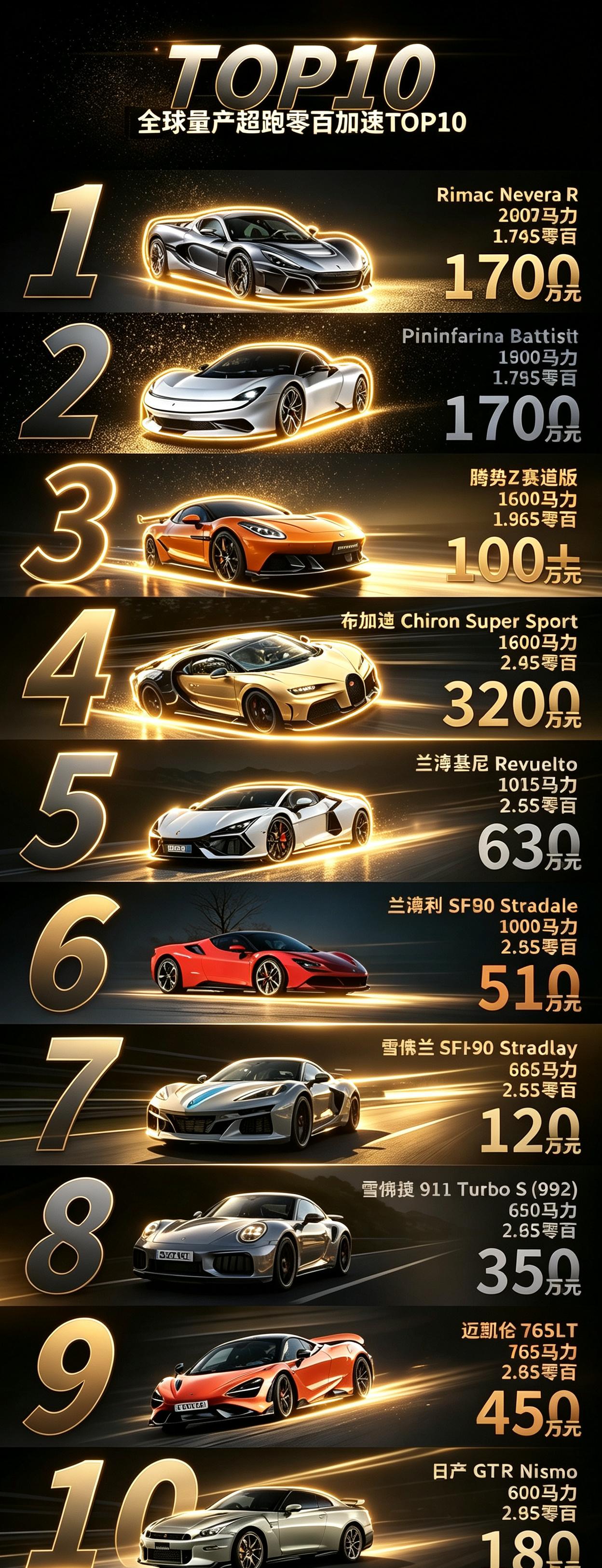 全球量产超跑零‑百加速TOP10榜单出炉。第3名出现国产身影——腾势Z赛道版。