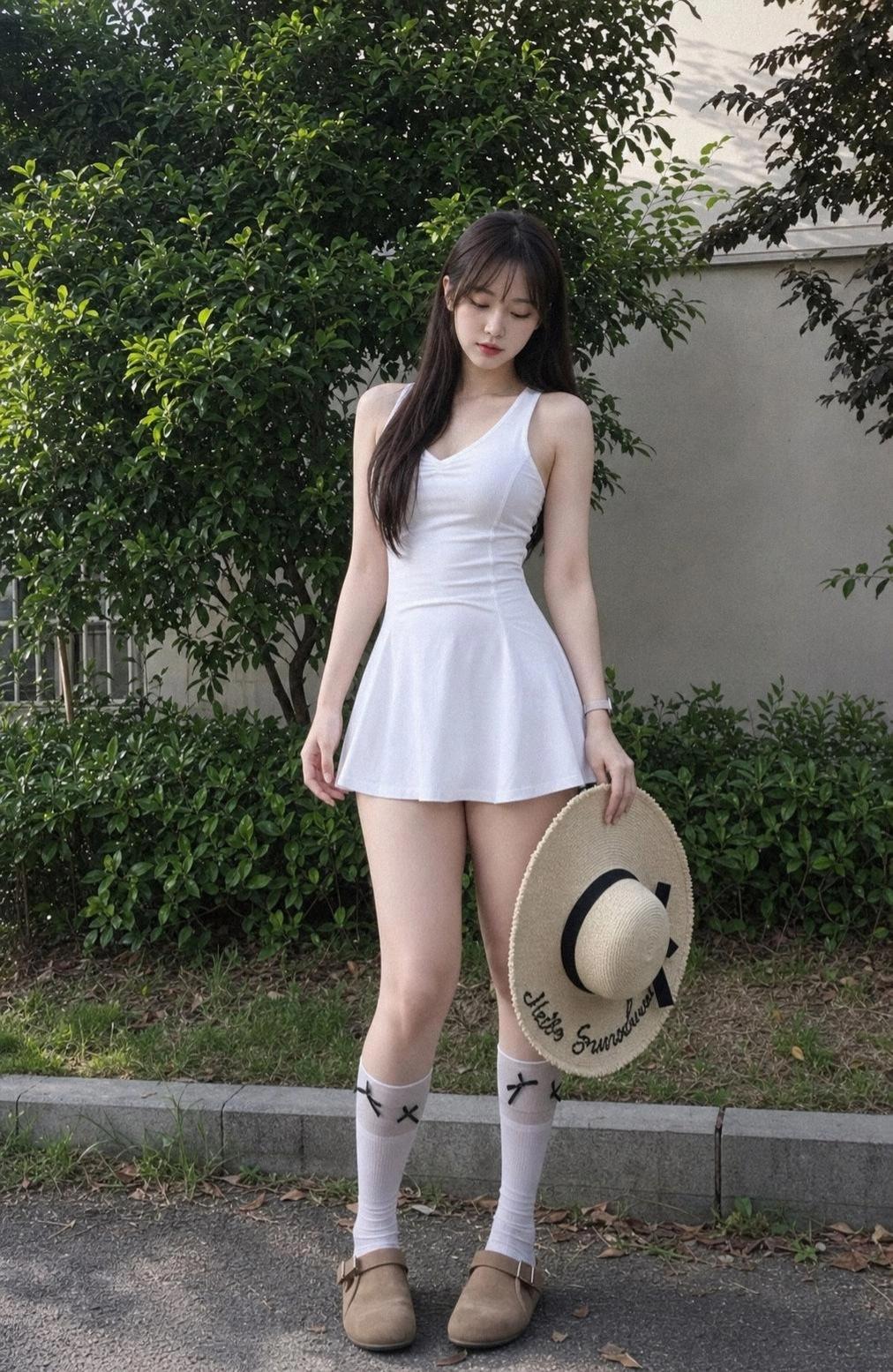 |||修身小白裙+堆堆袜+勃肯鞋，把韩系甜妹的元气感直接拉满✨收腰伞裙