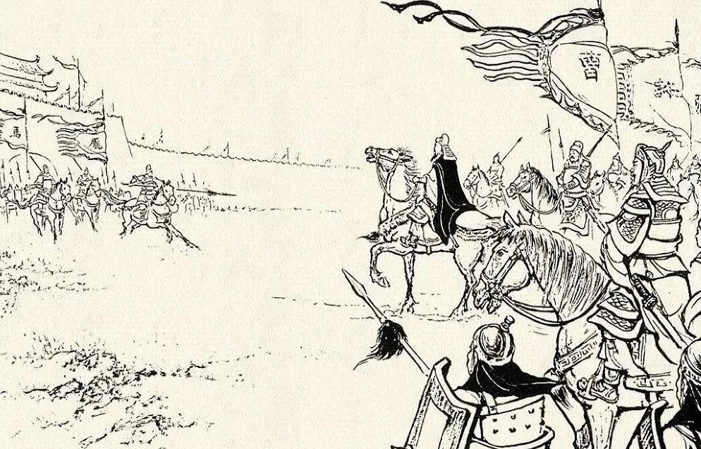 曹操进兵直叩潼关，马超引马岱、庞德来迎。仇人相见，分外眼红。马超直取曹操。曹操背