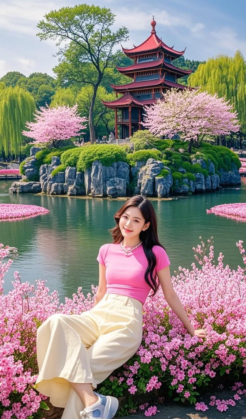 樱花树下，少女与古塔相映成趣，春日美景尽收眼底。