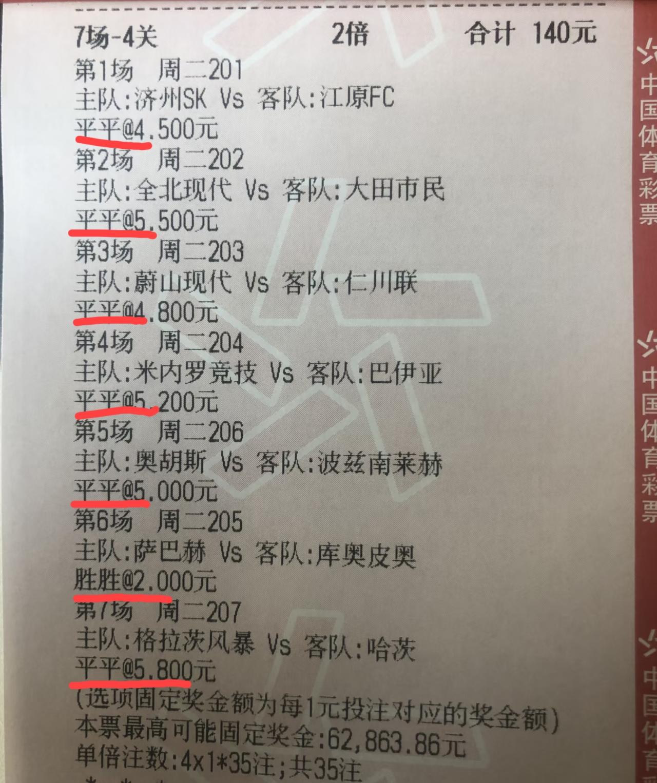 这张“7场-4关”的票是不是差点给他中了？7场比赛，猜6场的半全场都是“平平”