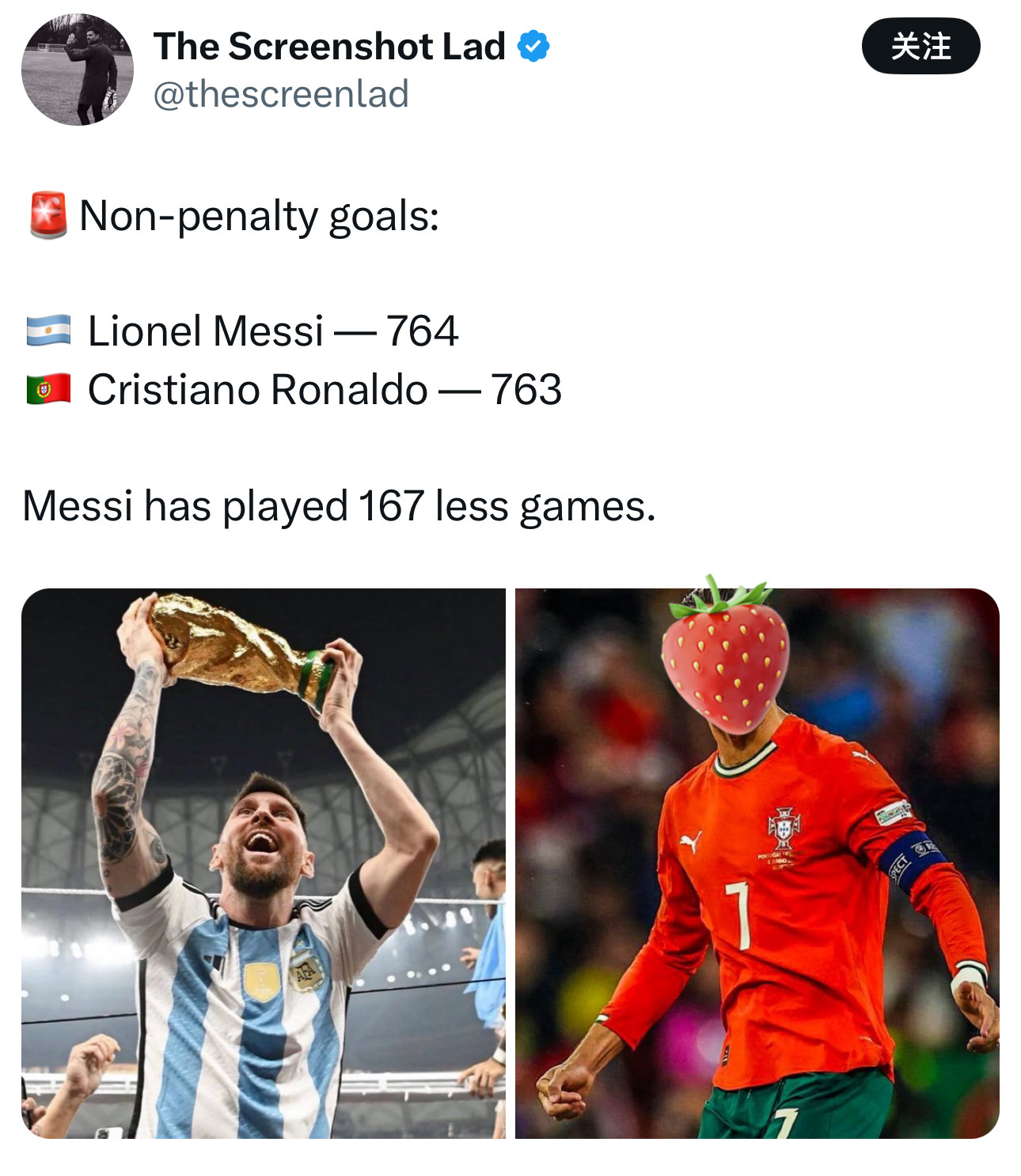 外国博主：🚨非点球进球：🇦🇷莱昂内尔·梅西—764🇵🇹克里斯蒂亚诺