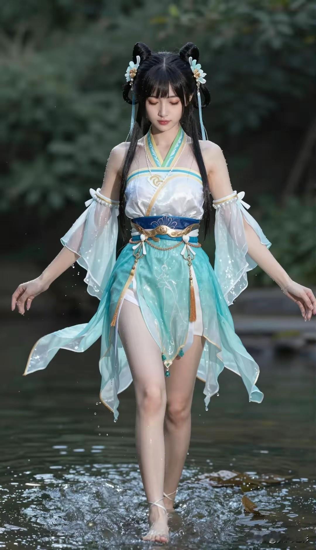 光之影仙气飘飘的汉服少女，漫步在清澈的溪流中，宛如画中仙子。温婉古风小仙女