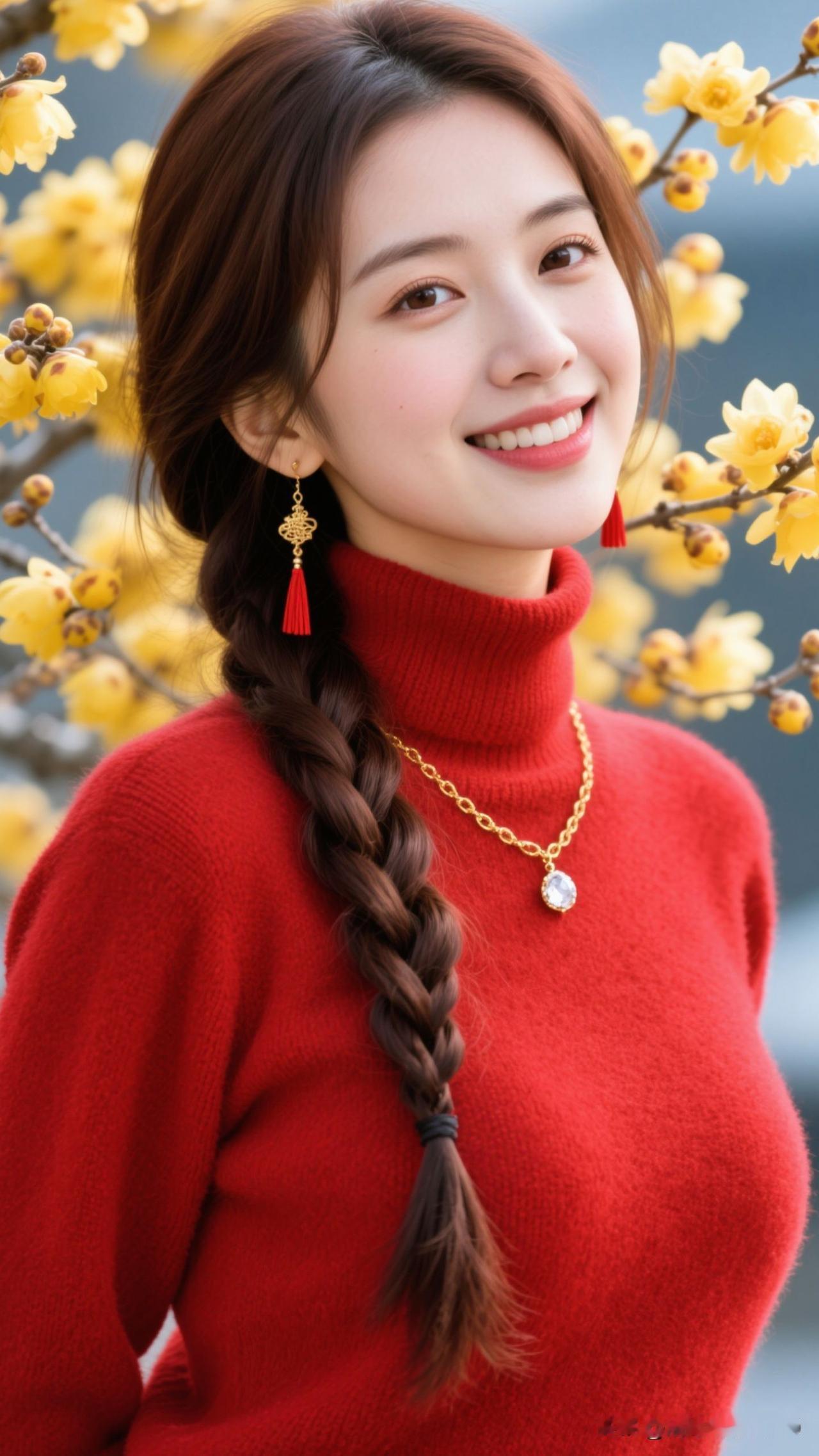 🌹红毛衣裹住暖春的风，黄腊梅把阳光酿成蜜，金链曳着细碎的光，笑起来时整个世界