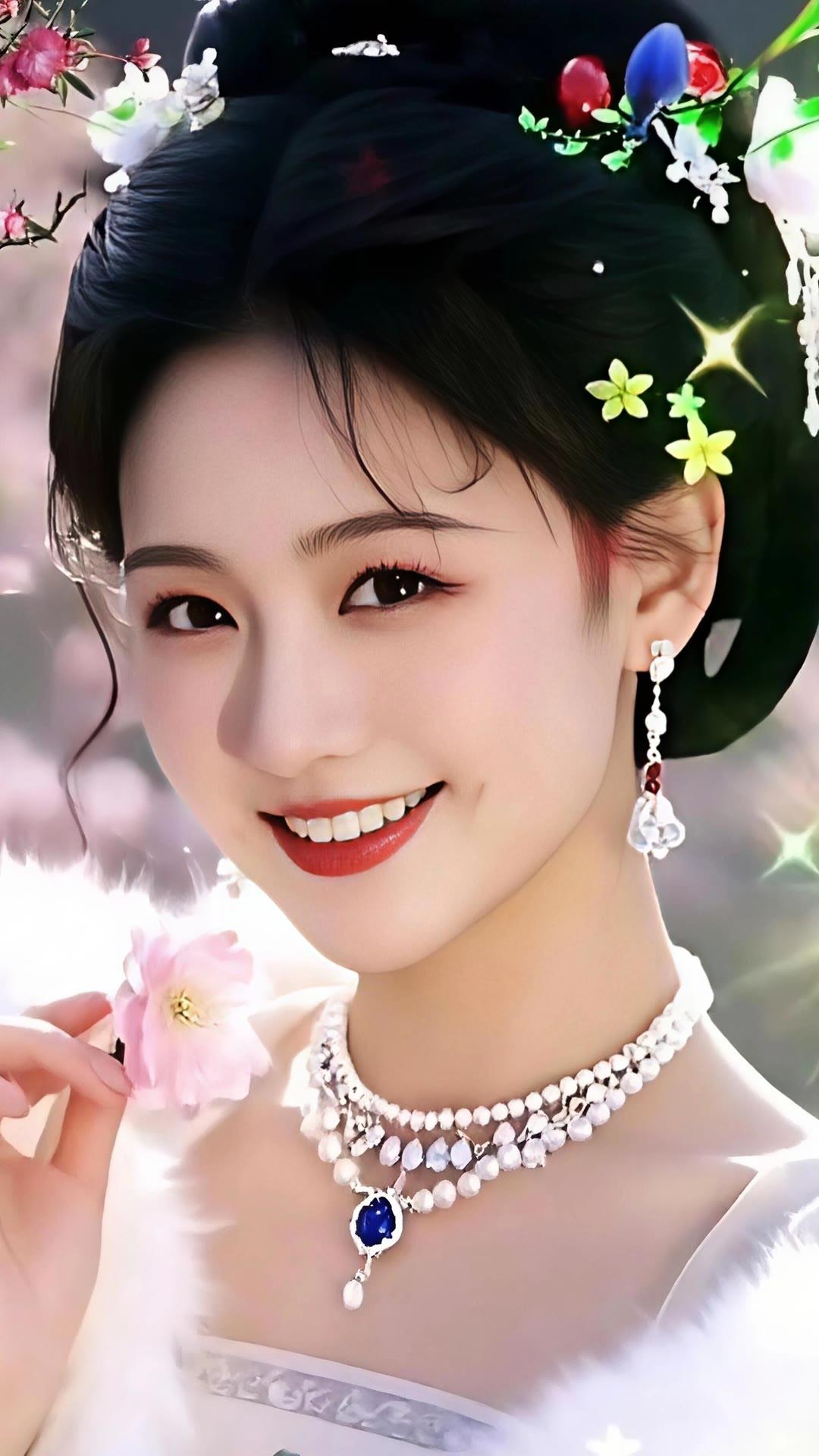 仙气飘飘的古风美人，花簪与珍珠项链相映成趣，宛如画中仙子。