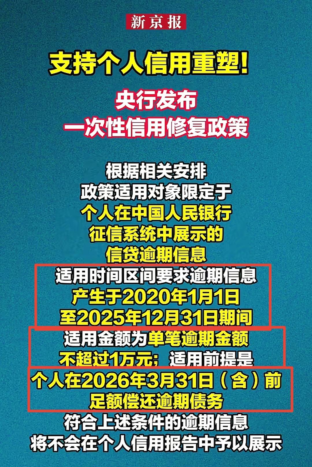 一次性征信修复政策，央妈是考虑到这都五年了，一万块还不上的应该都是二十来岁的小孩