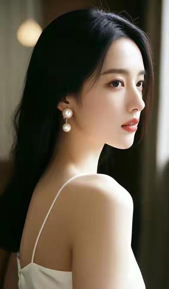 优雅侧颜，珍珠耳环，温柔如水。💝🌸🍀