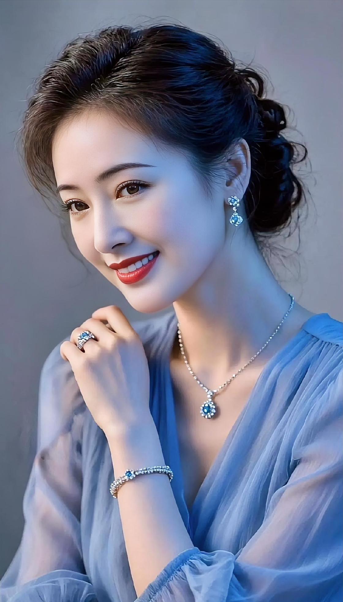 蓝雾微光薄纱轻笼，染就一抹晴蓝，你浅笑，如清泉淌过心间。卷发微挽，透