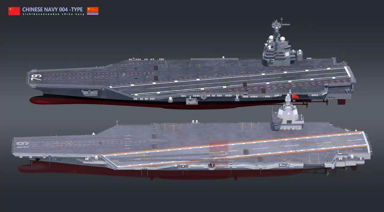 即将亮相的004核动力超级航母和美军超级航母福特号模拟图如下。中美航母战力福特