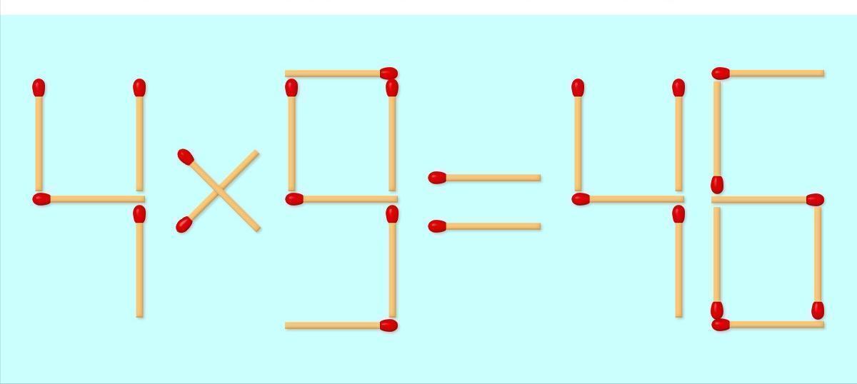 这是一道火柴棒算式题，原本的等式是用火柴摆成的“4×9=46”。现在需要通