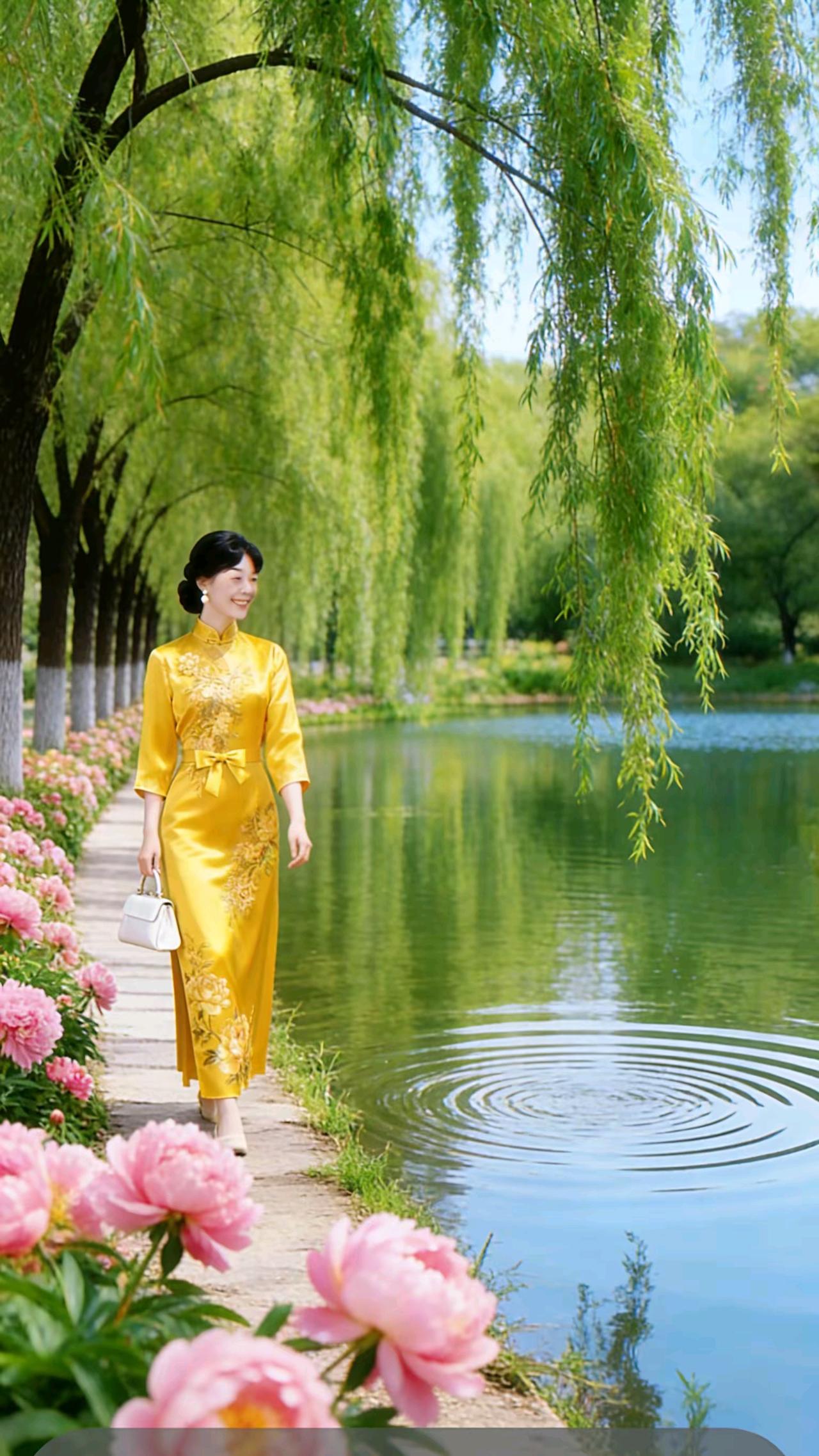 柳湖旗袍倩影垂柳袅袅拂清塘，牡丹夹径散幽芳。锦裁旗袍蕴雅韵，徐行湖畔沐晴
