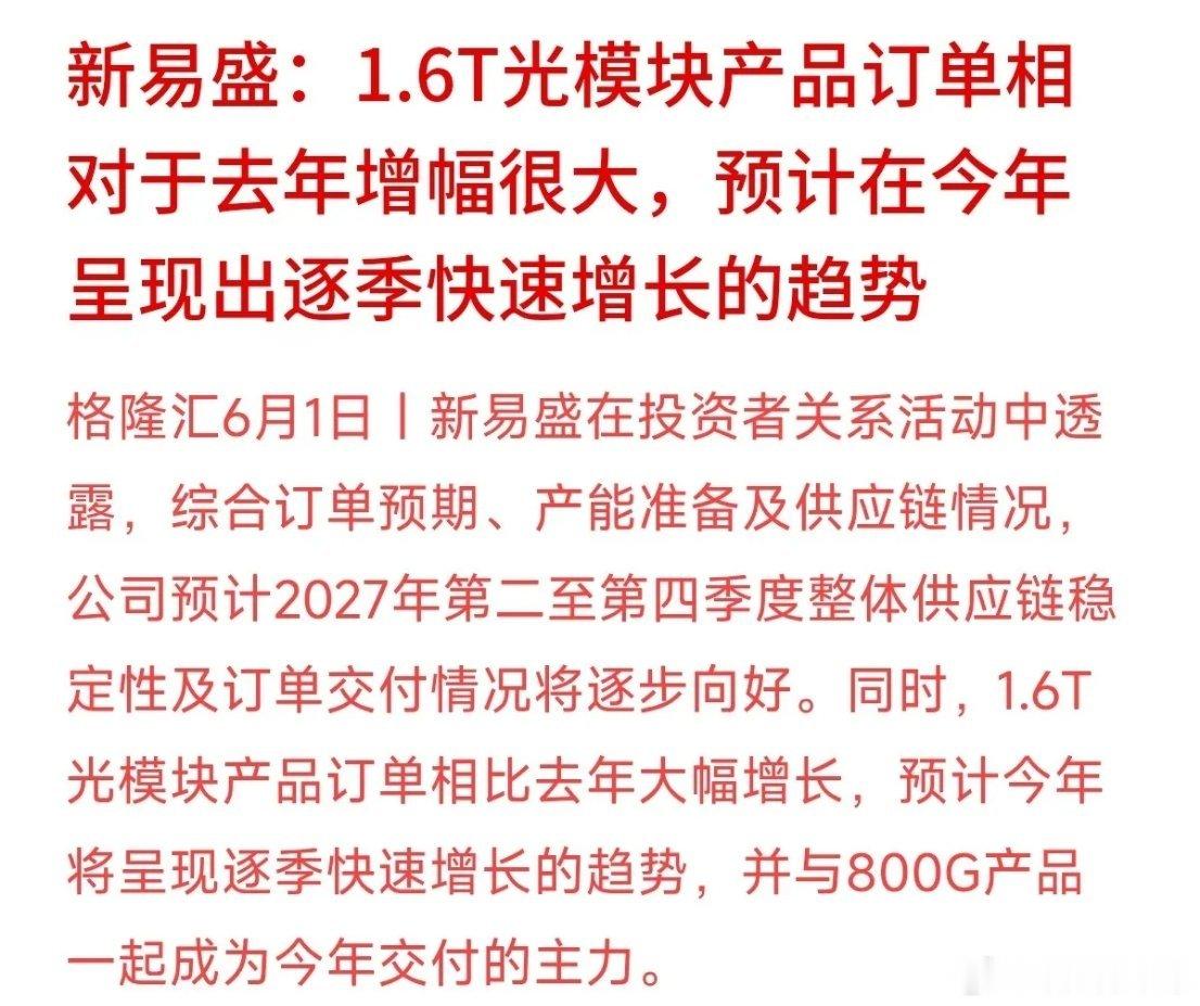 光模块骨干企业新易盛表示，公司的1.6T新产品订单情况乐观，今年将逐季快速放量，