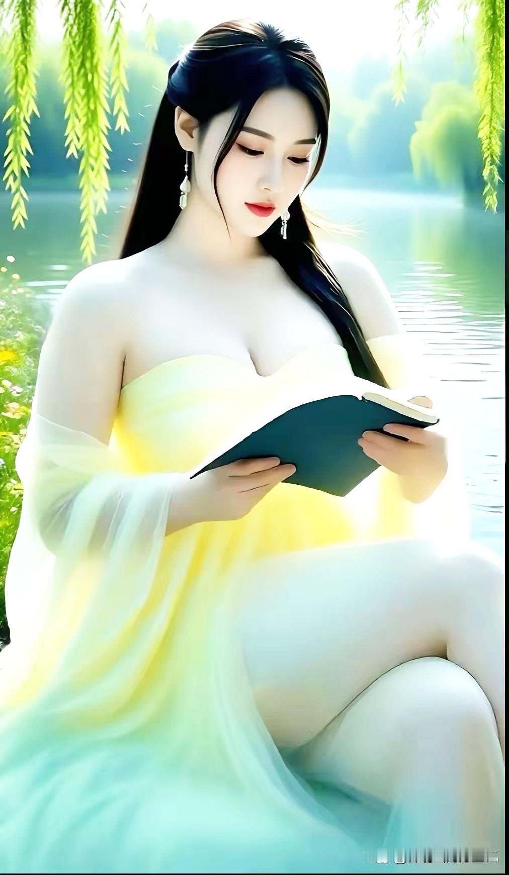 一个穿黄裙子的女子在湖边看书。