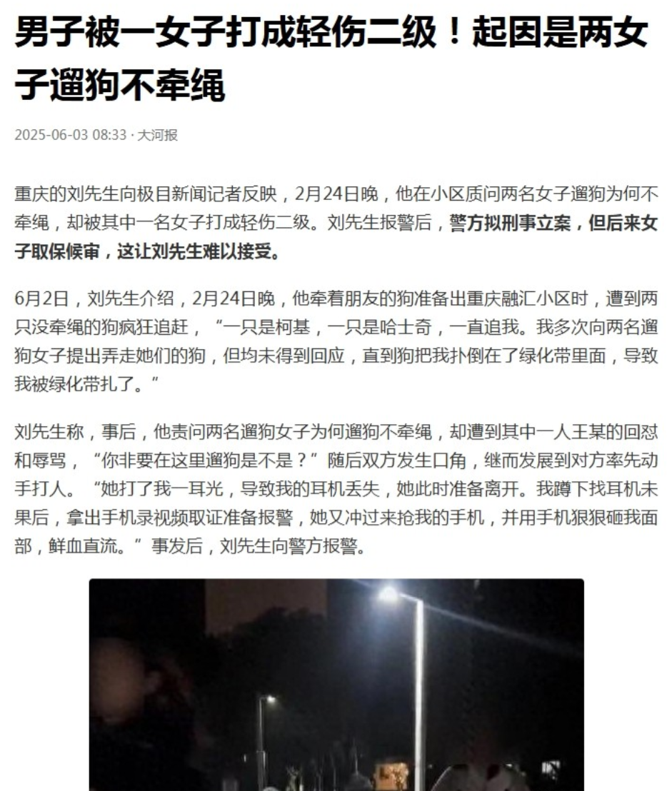 重庆，一男子携犬途经某小区时，遭两只未拴绳宠物狗（柯基、哈士奇）扑咬跌入绿化带。