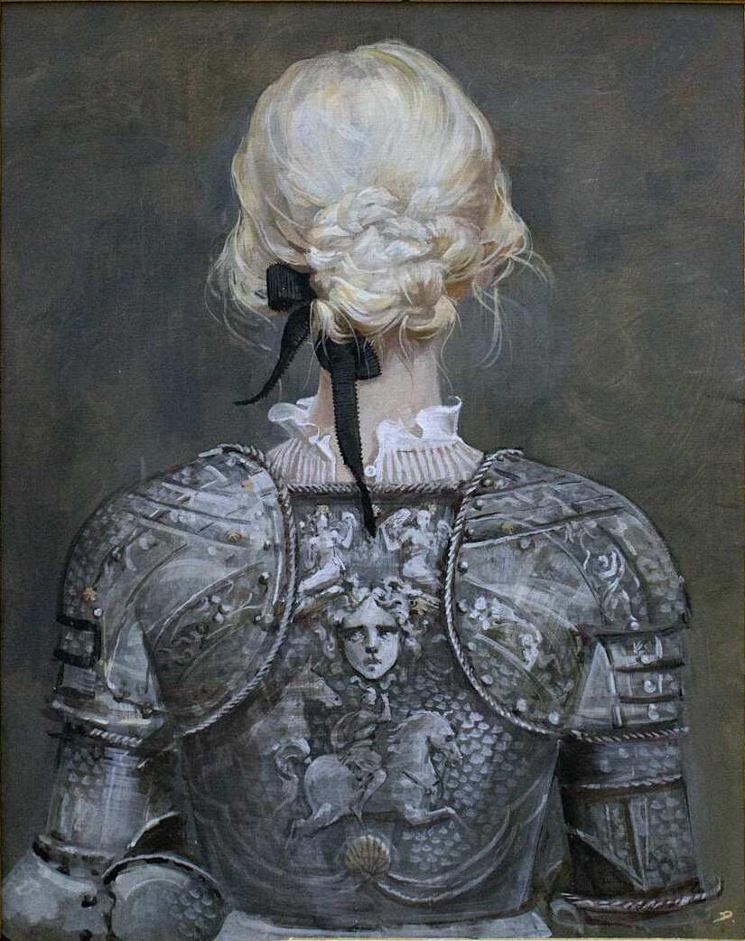 这是艺术家董妮侯2025年的蛋彩画《今日之痛是明日之力》。画作细节丰富，色彩柔和