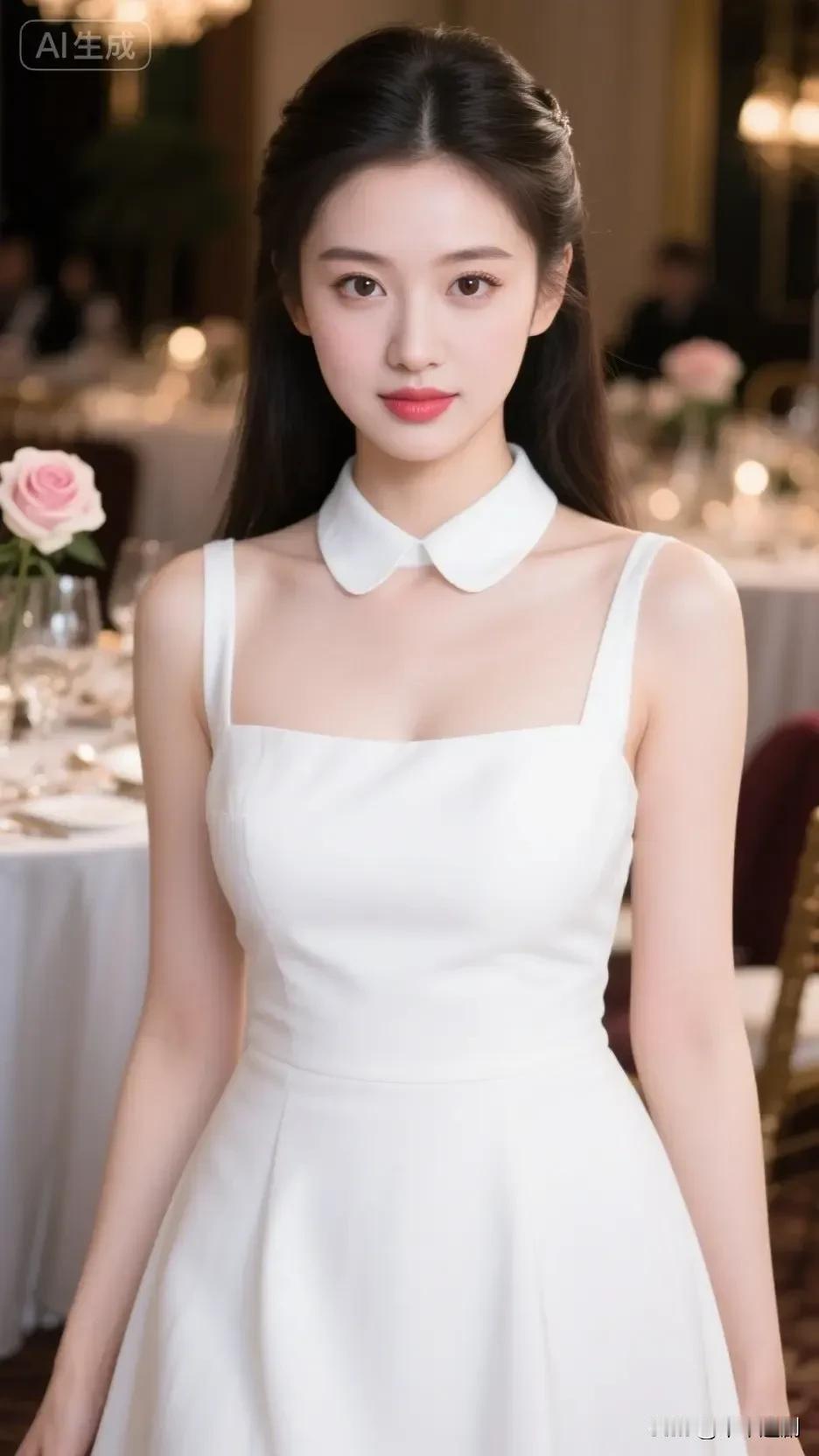 白裙如月光裁成，彼得潘领系住少女的清甜，发丝轻挽，眉眼澄澈。晚宴的流光漫过