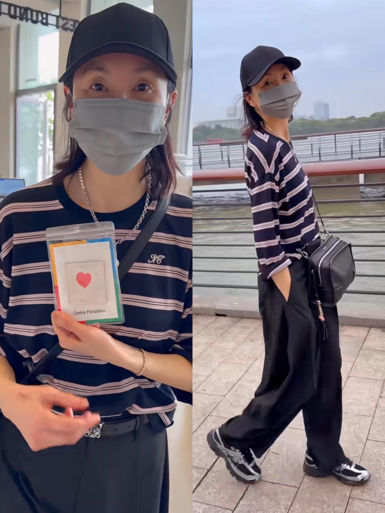 张曼玉私服也好看，条纹T恤配阔腿裤，很松弛！经典藏底粉白条纹长袖自带复古随性氛围