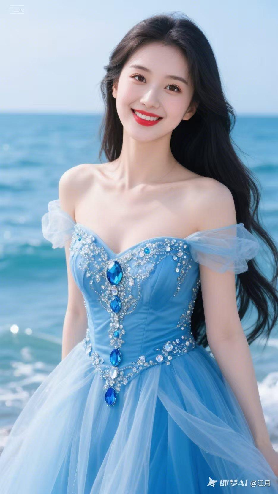 海边拍照新体验，蓝天碧海作背景，美人如花隔云端。