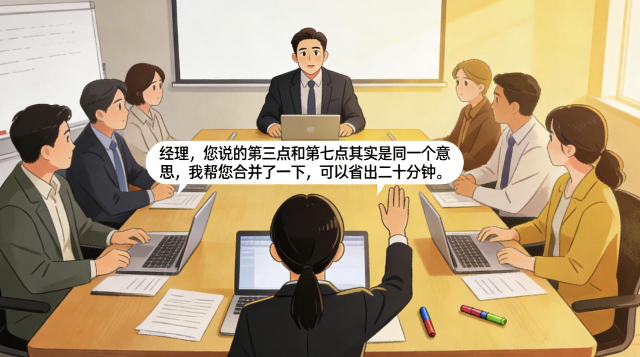 部门每周例会，经理都要讲满两小时，翻来覆去就那几件事。同事们苦不堪言，但没人敢